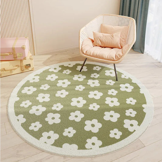 MARGARET tapis rond vert motif fleurs blanches - Mon Beau Tapis