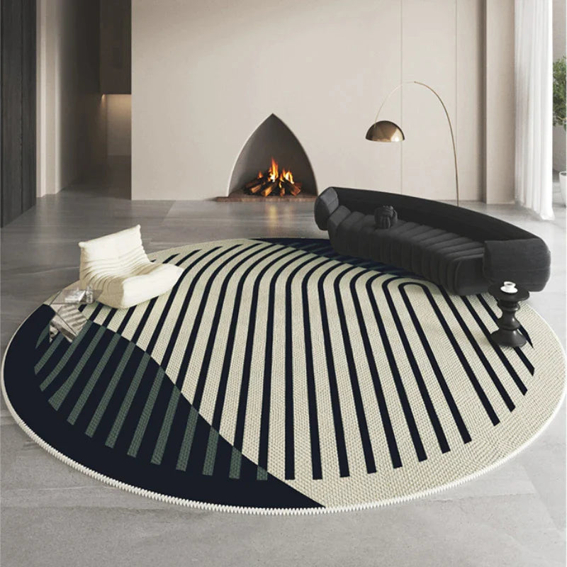 XAVIO tapis rond blanc lignes noires motif arches et vagues - Mon Beau Tapis