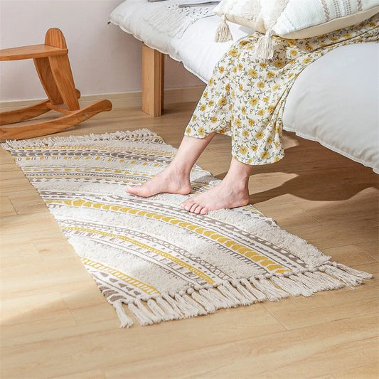 ZOUMO petit tapis style bohème à franges jaune et gris foncé - Mon Beau Tapis
